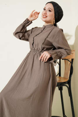 Yarım Düğmeli Bel Lastikli Elbise Vizon - Elbise