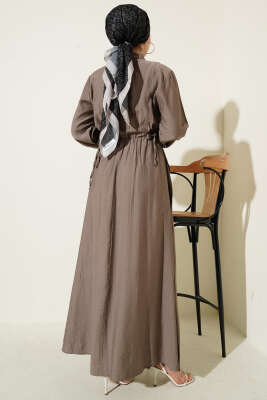 Yarım Düğmeli Bel Lastikli Elbise Vizon - Elbise