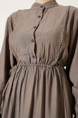 Yarım Düğmeli Bel Lastikli Elbise Vizon - Elbise