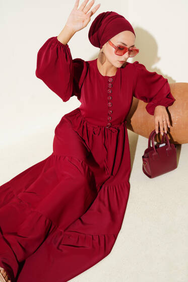 Yarım Düğmeli Belden Tünelli Elbise Bordo - Elbise