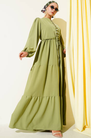 Yarım Düğmeli Belden Tünelli Elbise Haki - Elbise