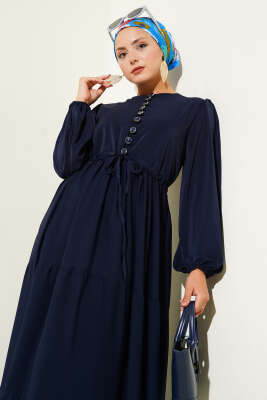 Yarım Düğmeli Belden Tünelli Elbise Lacivert - Tek Kalanlar