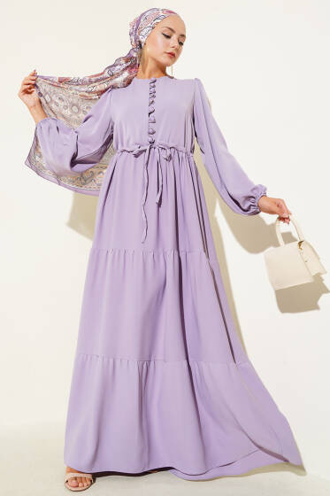 Yarım Düğmeli Belden Tünelli Elbise Lila - Elbise