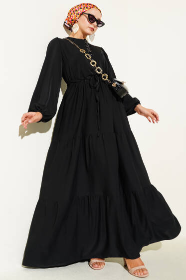 Yarım Düğmeli Belden Tünelli Elbise Siyah - Elbise