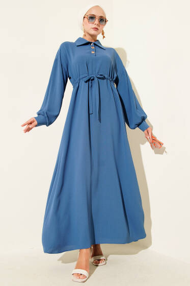 Yarım Düğmeli Beli Tünelli Elbise İndigo - Elbise