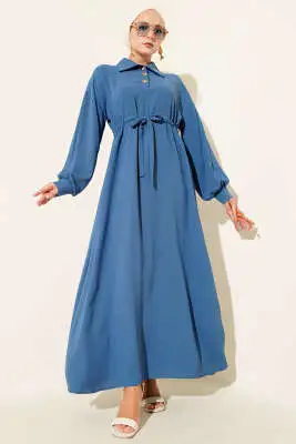 Yarım Düğmeli Beli Tünelli Elbise İndigo - MUSTİ