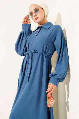 Yarım Düğmeli Beli Tünelli Elbise İndigo - Tesettür Elbise