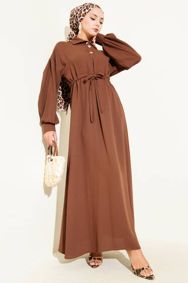Yarım Düğmeli Beli Tünelli Elbise Kahve - Elbise