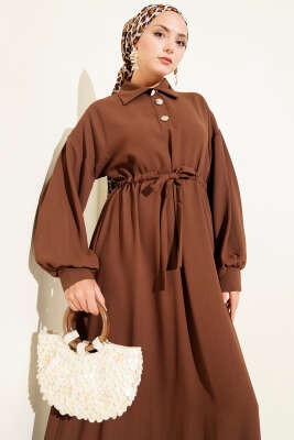 Yarım Düğmeli Beli Tünelli Elbise Kahve - Tesettür Elbise