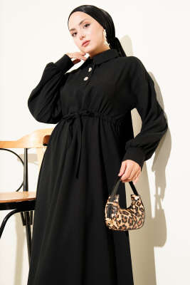 Yarım Düğmeli Beli Tünelli Elbise Siyah - Tesettür Elbise
