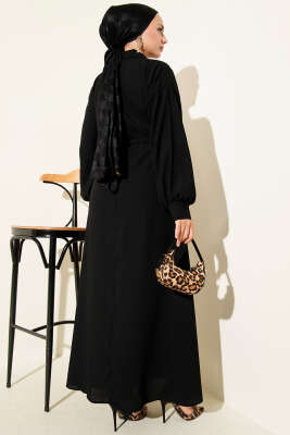 Yarım Düğmeli Beli Tünelli Elbise Siyah - Tesettür Elbise