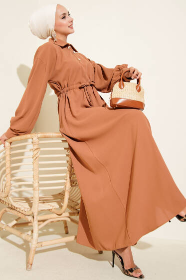 Yarım Düğmeli Beli Tünelli Elbise Taba - Elbise