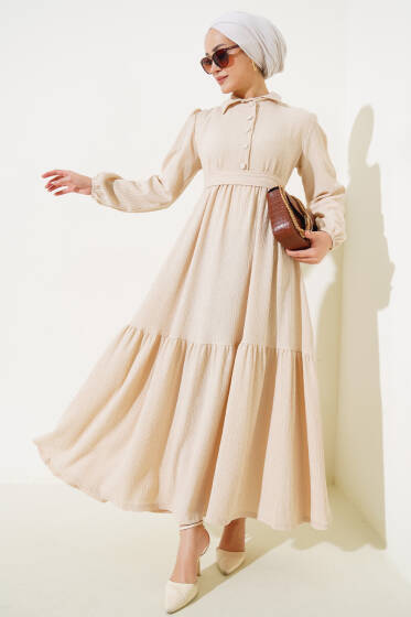 Yarım Düğmeli Bürümcük Elbise Bej - Elbise