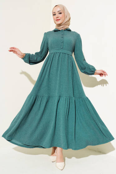 Yarım Düğmeli Bürümcük Elbise Zümrüt - Elbise