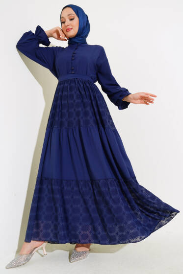 Yarım Düğmeli Çiçek Dantelli Elbise Lacivert - Elbise