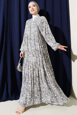 Yarım Düğmeli Çiçek Desenli Katlı Elbise Gri - BIGDART