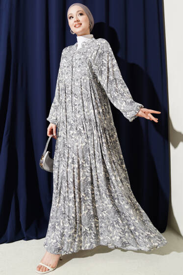 Yarım Düğmeli Çiçek Desenli Katlı Elbise Gri - Elbise