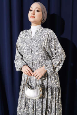 Yarım Düğmeli Çiçek Desenli Katlı Elbise Gri - Elbise