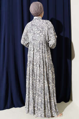 Yarım Düğmeli Çiçek Desenli Katlı Elbise Gri - Elbise