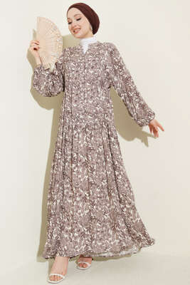 Yarım Düğmeli Çiçek Desenli Katlı Elbise Kahve - BIGDART