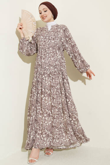 Yarım Düğmeli Çiçek Desenli Katlı Elbise Kahve - Elbise