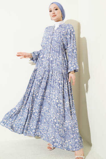 Yarım Düğmeli Çiçek Desenli Katlı Elbise Mavi - Elbise