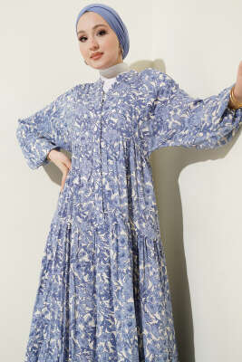 Yarım Düğmeli Çiçek Desenli Katlı Elbise Mavi - Elbise
