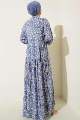 Yarım Düğmeli Çiçek Desenli Katlı Elbise Mavi - Elbise