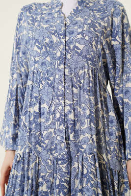 Yarım Düğmeli Çiçek Desenli Katlı Elbise Mavi - Elbise