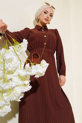 Yarım Düğmeli Çizgili Elbise Kahve - Tesettür Elbise