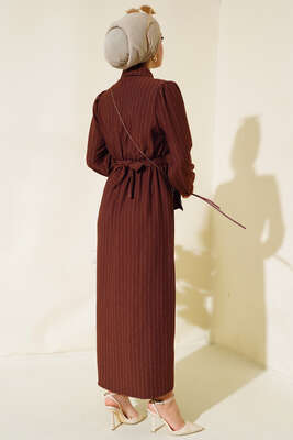 Yarım Düğmeli Çizgili Elbise Kahve - Tesettür Elbise