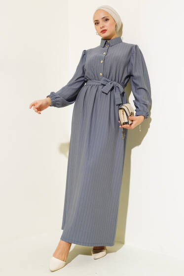 Yarım Düğmeli Çizgili Elbise Kayrak Grisi - Elbise
