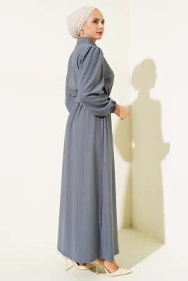 Yarım Düğmeli Çizgili Elbise Kayrak Grisi - Tesettür Elbise