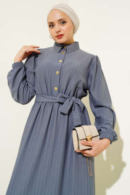 Yarım Düğmeli Çizgili Elbise Kayrak Grisi - Tesettür Elbise