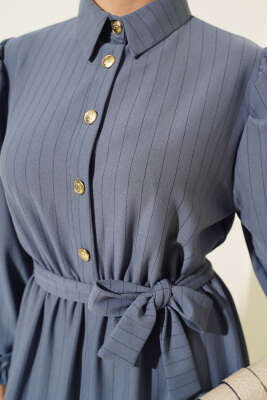 Yarım Düğmeli Çizgili Elbise Kayrak Grisi - Tesettür Elbise