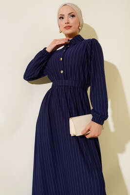 Yarım Düğmeli Çizgili Elbise Lacivert - Tesettür Elbise