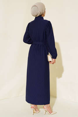 Yarım Düğmeli Çizgili Elbise Lacivert - Tesettür Elbise