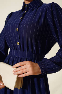 Yarım Düğmeli Çizgili Elbise Lacivert - Tesettür Elbise