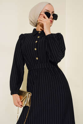 Yarım Düğmeli Çizgili Elbise Siyah 