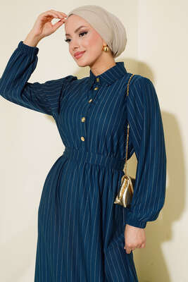 Yarım Düğmeli Çizgili Elbise Zümrüt - Tesettür Elbise