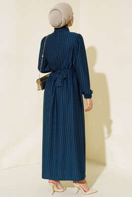 Yarım Düğmeli Çizgili Elbise Zümrüt - Tesettür Elbise