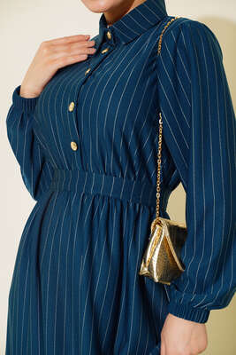 Yarım Düğmeli Çizgili Elbise Zümrüt - Tesettür Elbise