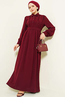 Yarım Düğmeli Dantel Detaylı Elbise Bordo 