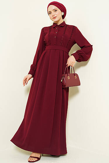 Yarım Düğmeli Dantel Detaylı Elbise Bordo - Elbise