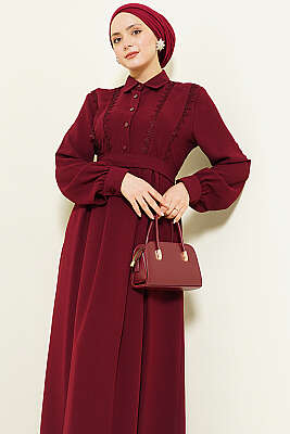 Yarım Düğmeli Dantel Detaylı Elbise Bordo - Elbise