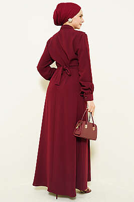 Yarım Düğmeli Dantel Detaylı Elbise Bordo - Elbise