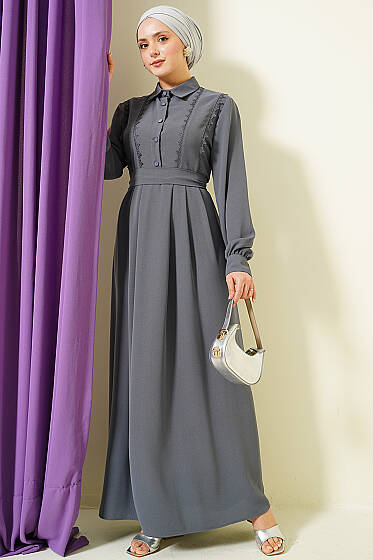 Yarım Düğmeli Dantel Detaylı Elbise Gri - Elbise