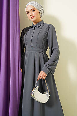 Yarım Düğmeli Dantel Detaylı Elbise Gri - Elbise