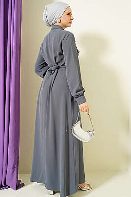 Yarım Düğmeli Dantel Detaylı Elbise Gri - Elbise