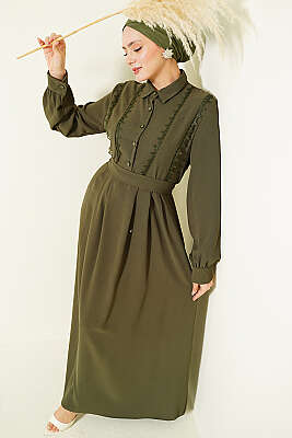 Yarım Düğmeli Dantel Detaylı Elbise Haki 